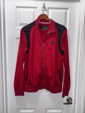 GUESS Red Zip-Front Track Jacket with Black Shoulder Panels